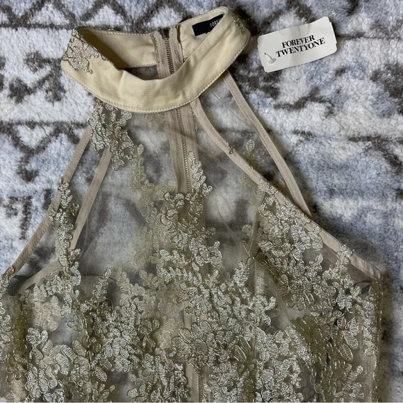 NWT Forever 21 Size L Sheer Top Hi Neck Gold Detail Long Formal Dress - Picture 3 of 5